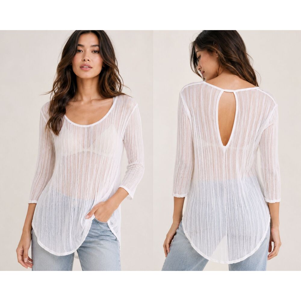 We The Free Sheer Ribbed Open Back Tunic Top Blush Pink XS Boho Layering Knit